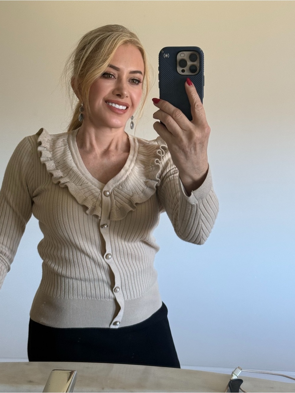Nanette Lepore Beige Ribbed Ruffle Cardigan XS Pearl Buttons